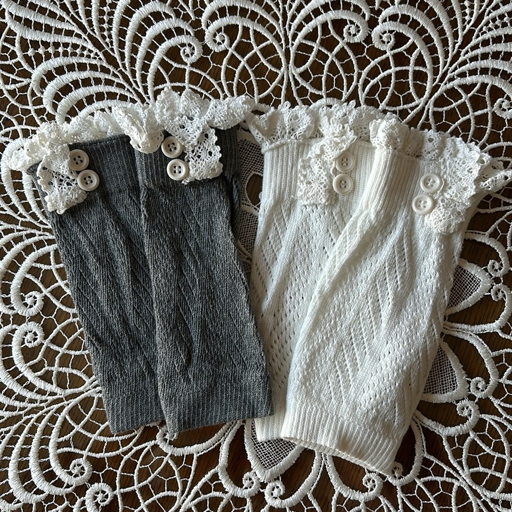 Lace Trim Boot Cuffs white pair and a gray pair 9 1/2" long ~ NWOT ~